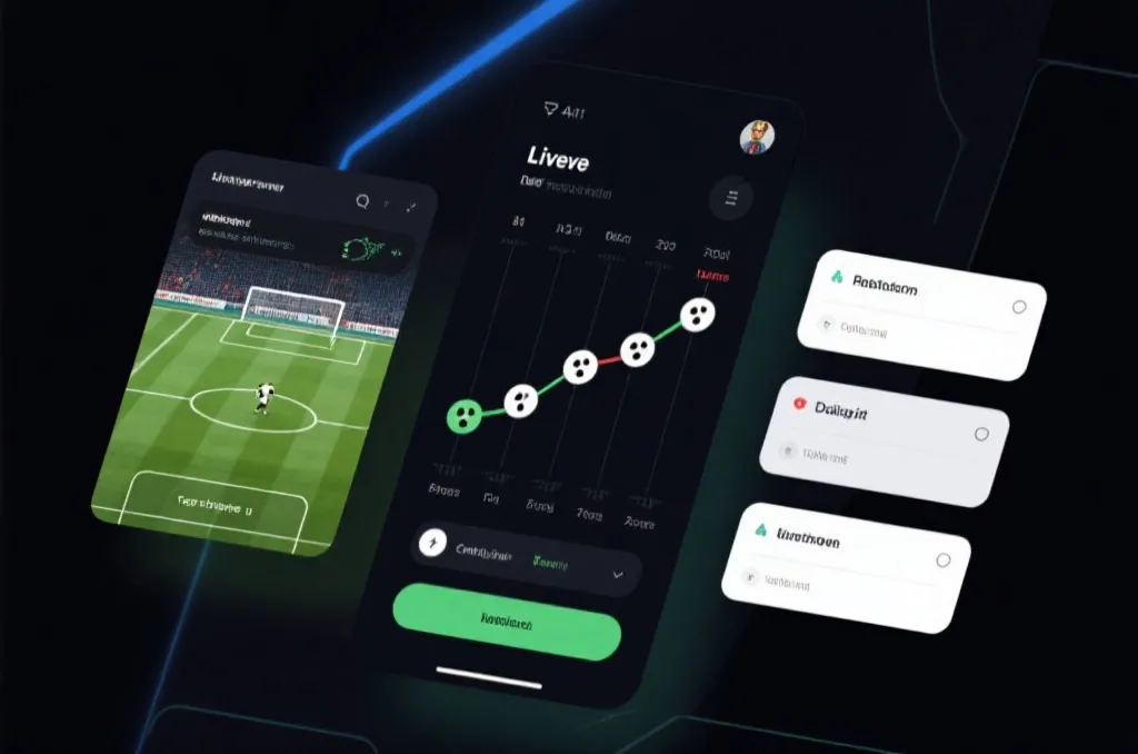 An abstract, sleek digital interface showing live football match timeline, goal events, and clean notification cards on a dark background, high-tech sport app UI concept